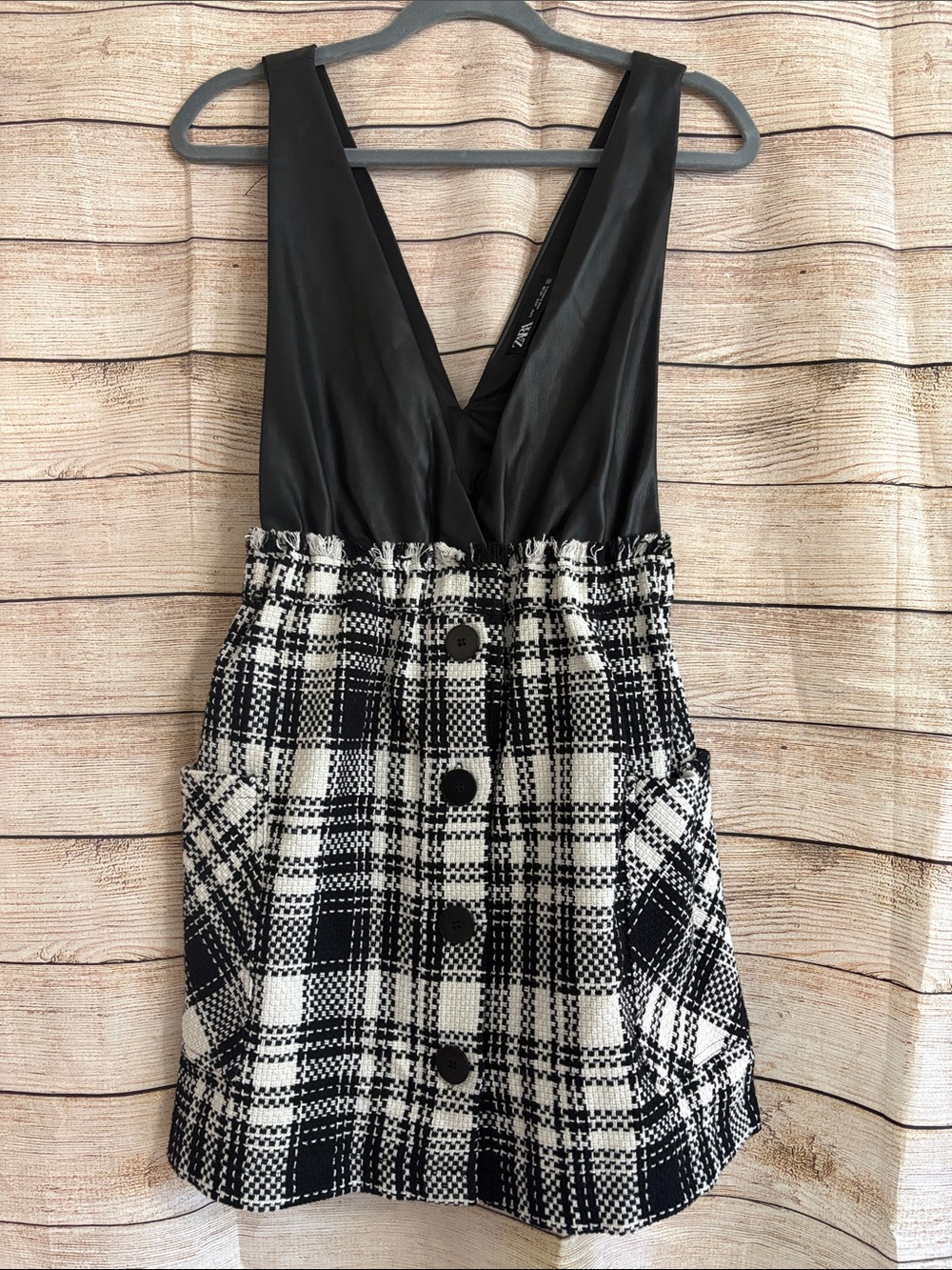 Zara Black Faux-Leather & Black-White Plaid Sleeveless Dress